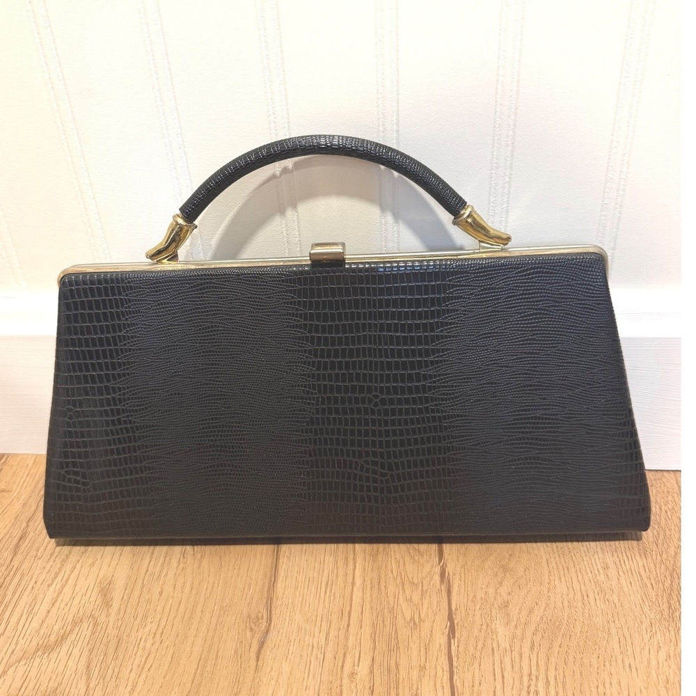 Vintage 50s MCM Dover Black Faux Lizard Leather Purse Gold Tone Frame Handbag